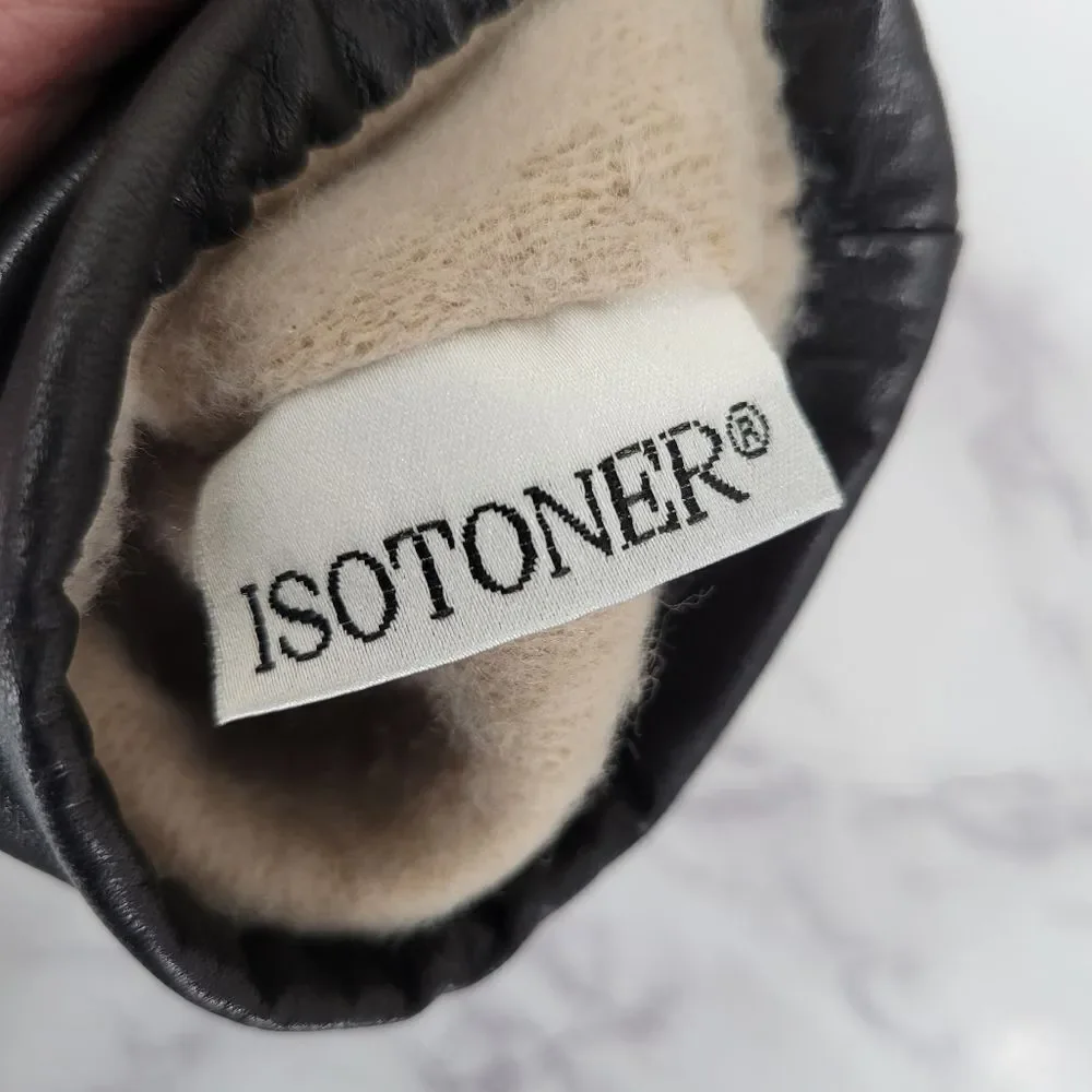 Isotoner Black Leather Driving Gloves with Knit Lining Women's Large - Picture 8 of 13